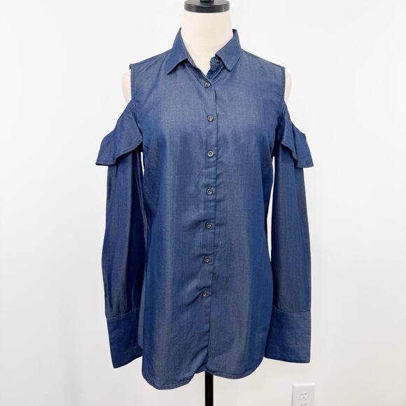 NWT Banana Republic Chambray Cold Shoulder Riley Shirt Blue Preppy Work Size 4 - Picture 2 of 11